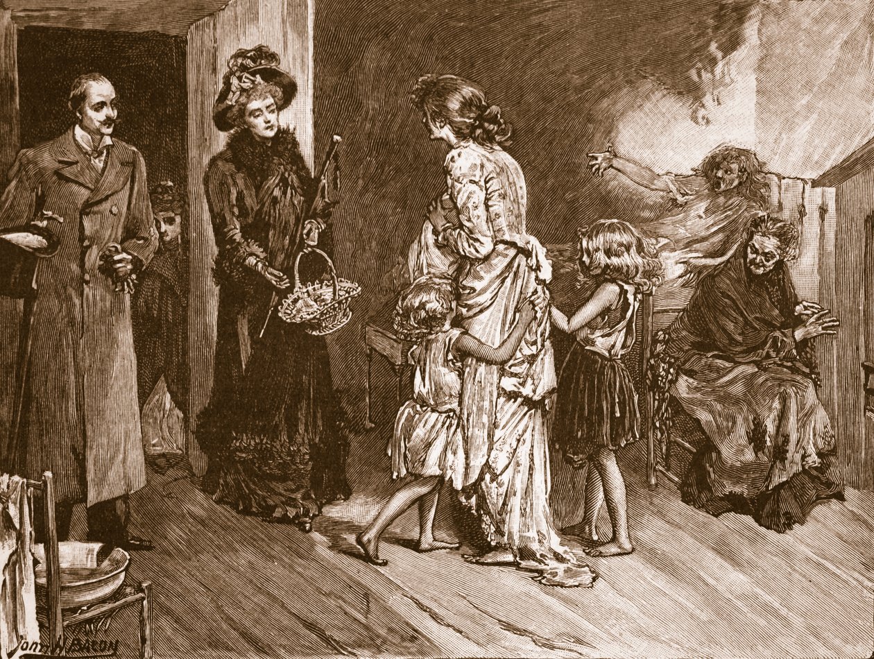 Väst möter öst: välbeställda besökare i ett slumområde, illustration från Cassell