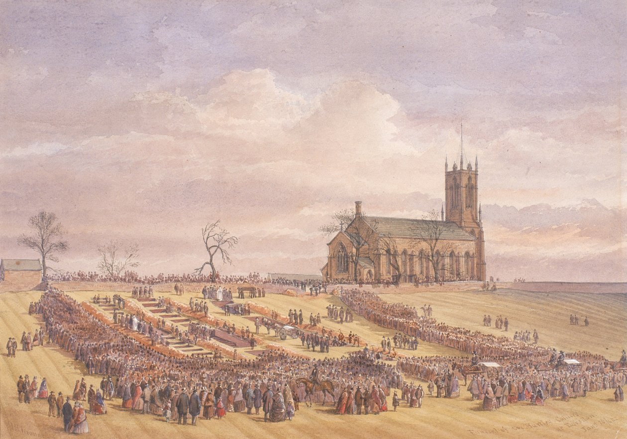 Begravning av offren för Hartley Colliery Disaster i Earsdon Churchyard, 26 januari 1862 (akvarell på papper) av John Henry Leonard