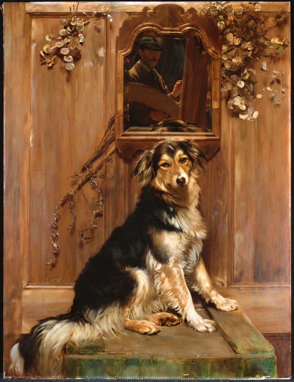 En hund och en spegel (olja på duk) av John Henry Lorimer