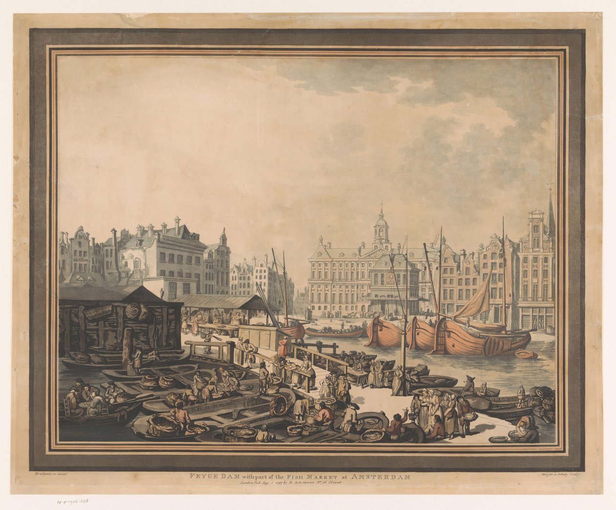 Utsikt över fiskmarknaden på Dam-torget i Amsterdam Feyge Dam med en del av fiskmarknaden i Amsterdam (titel på objekt) av John Henry Wright