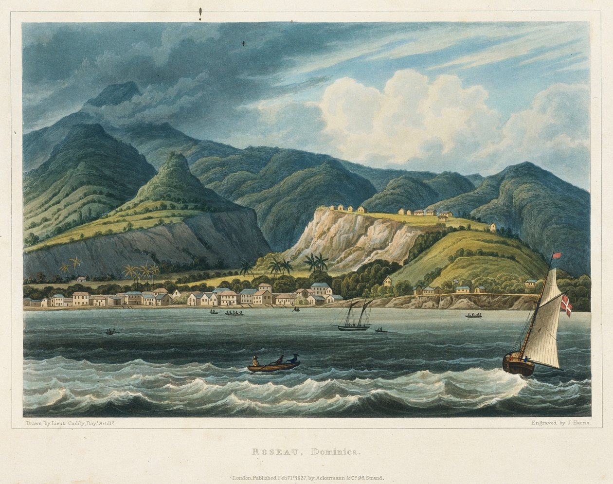 Staden Roseau, Dominique (Caraibes). Litografi (32,2x46,6 cm) av löjtnant John Herbert Caddy (1801-1883) av John Herbert Caddy