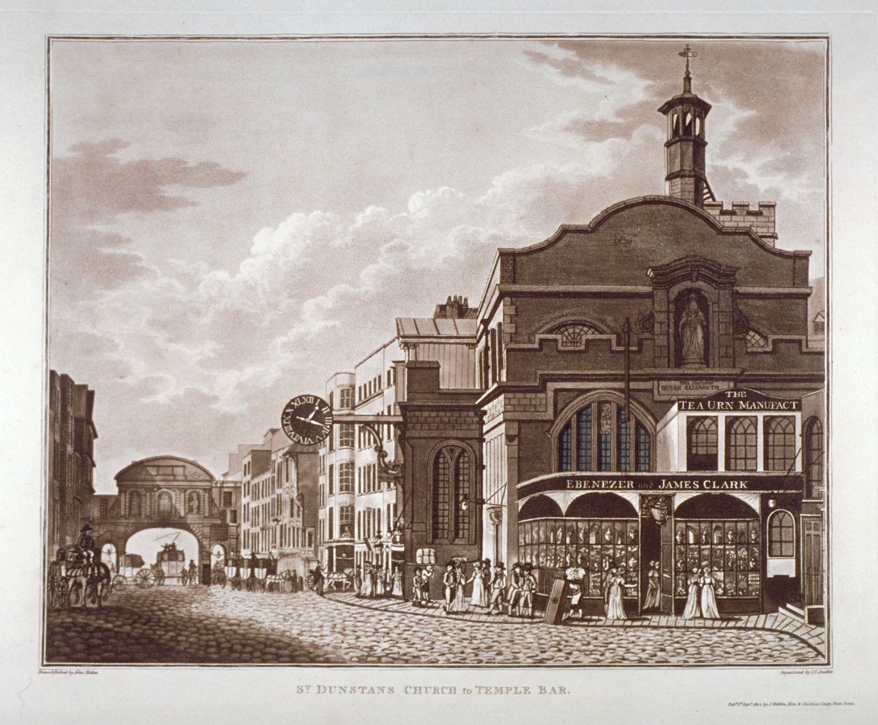 Fleet Street från St Dunstan i väster till Temple Bar, City of London, 1802 av John Hickin