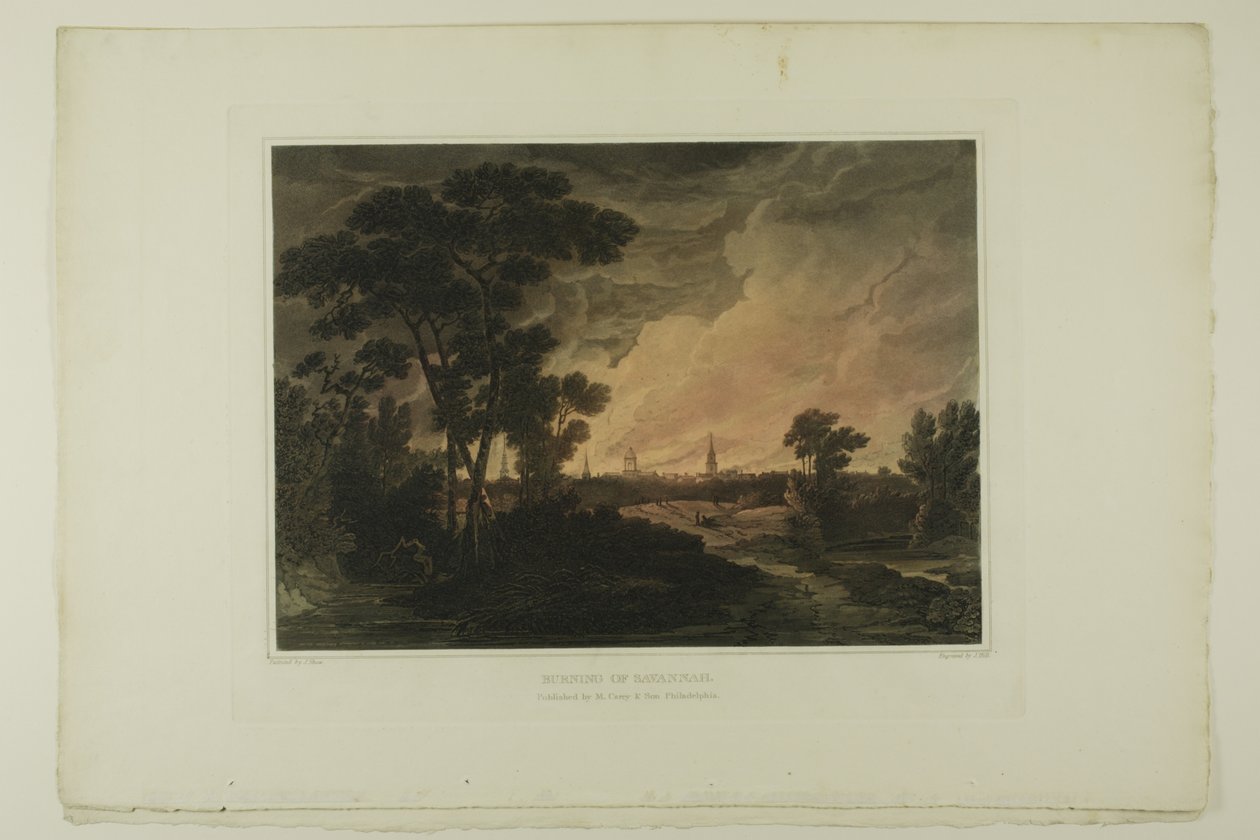 Burning of Savannah, platta fyra av det andra antalet pittoreska vyer av amerikanskt landskap av John Hill