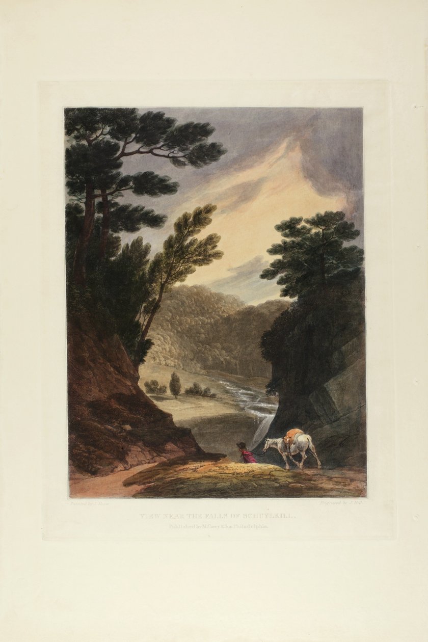 Utsikt nära Schuylkill Falls, Pennsylvania, tavla fem av det första antalet pittoreska vyer av amerikanskt landskap, 1819-21 av John Hill