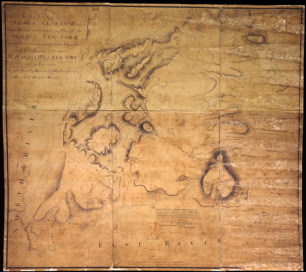 Till hans excellens George Clinton, Esq. ... Denna plan över staden New York och dess omgivningar . ..., 1785 (svart och färgbläck, svart penna och färgtvätt på papper med tyg som underlag). av John Hills