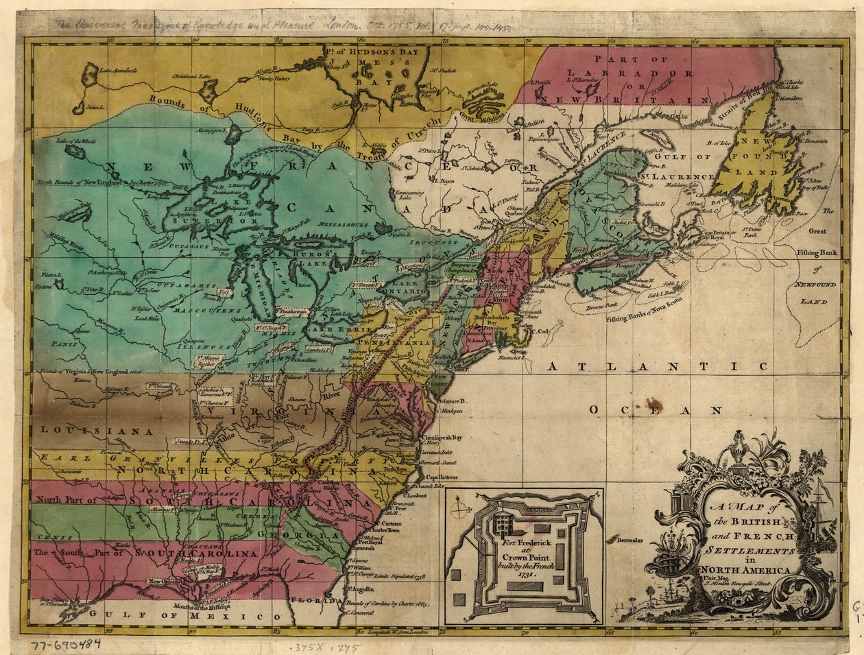 En karta över de brittiska och franska bosättningarna i Nordamerika. LOC 77690484 av John Hinton