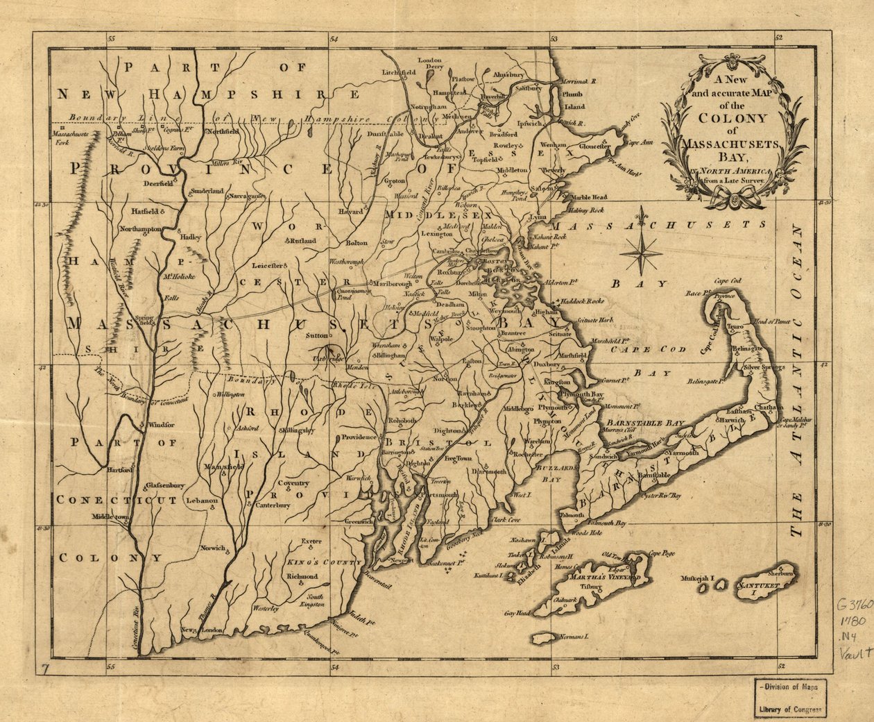 En ny och exakt karta över kolonin Massachusets Bay (dvs. Massachusetts) i Nordamerika, från en sen undersökning. LOC 2001620337 av John Hinton