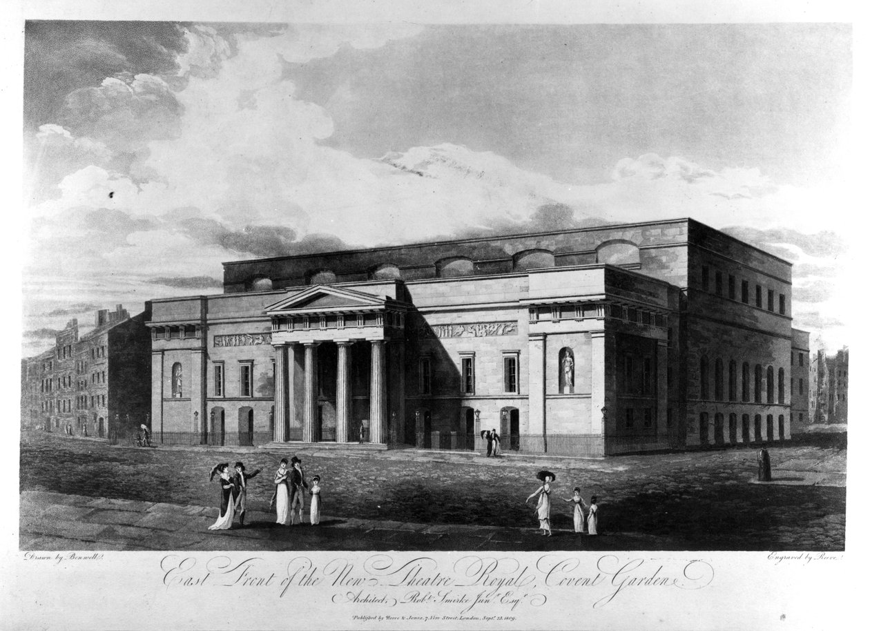 East Front of the New Theatre Royal, Covent Garden, graverad av Richard Reeve, 1809 av John Hodges Benwell