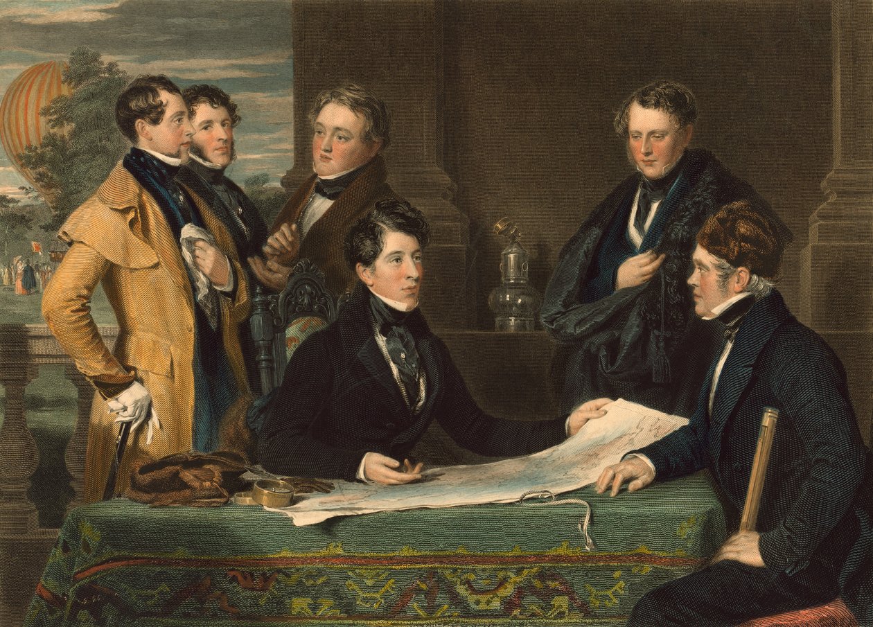 En konsultation före en flygresa från London till Wellburg i Nassau den 7 november 1836, pub. 1843 av John Hollins