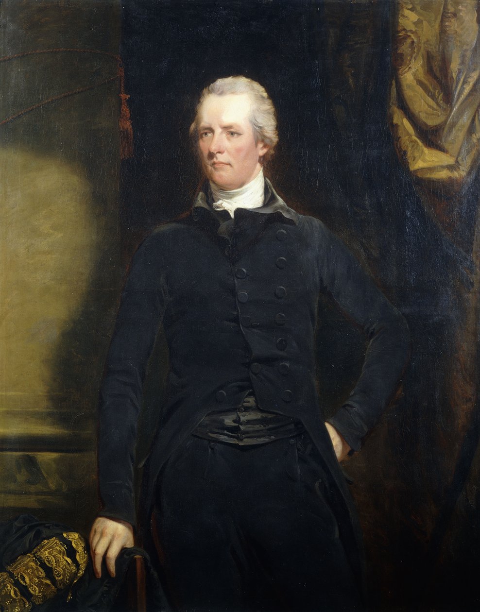 Porträtt av William Pitt, stående tre fjärdedels längd i en mörk jacka och ridbyxor, av John Hoppner