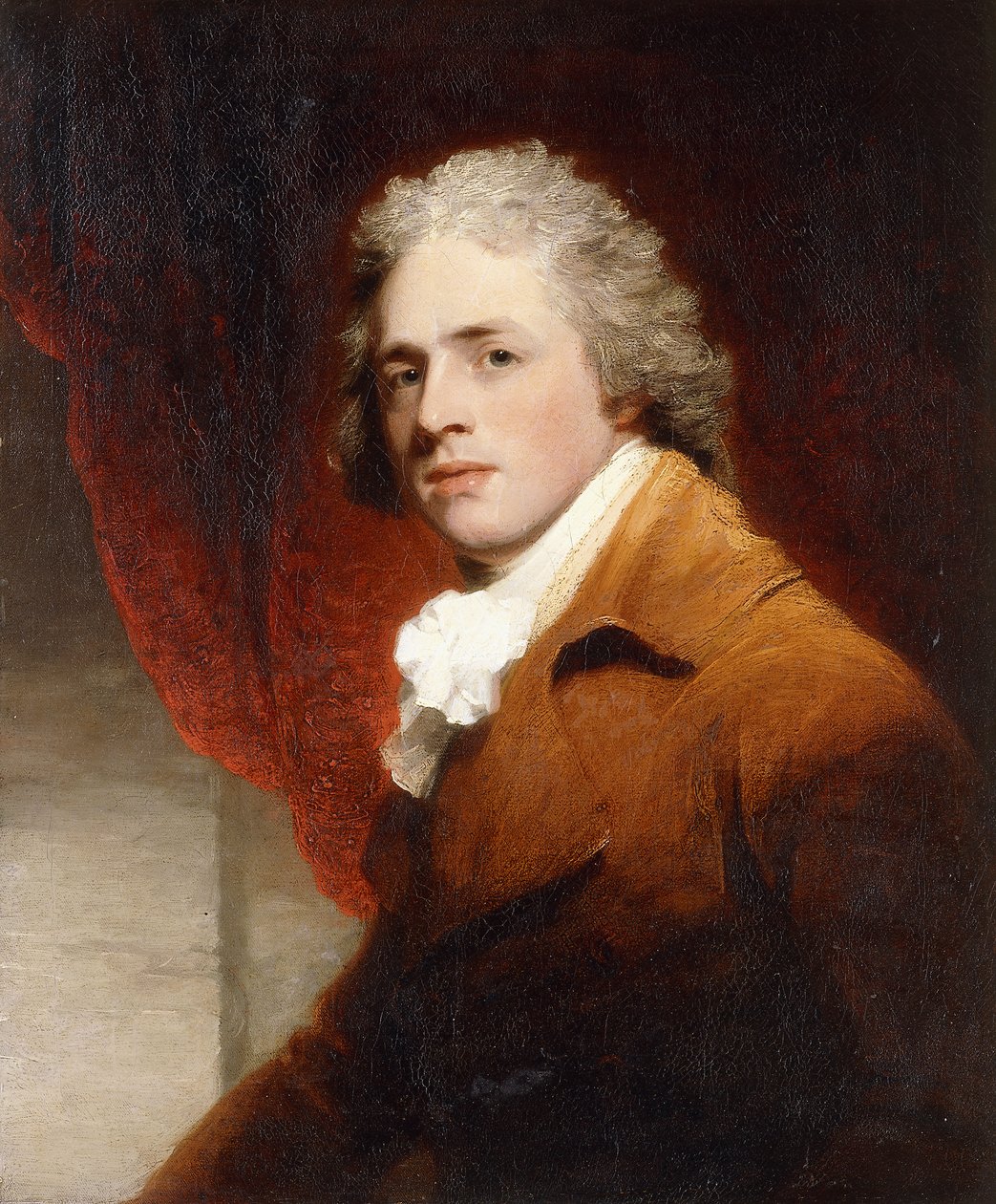 Porträtt av en gentleman, halvlångt, i ett brunt och vitt lager, en röd gardin bakom, av John Hoppner