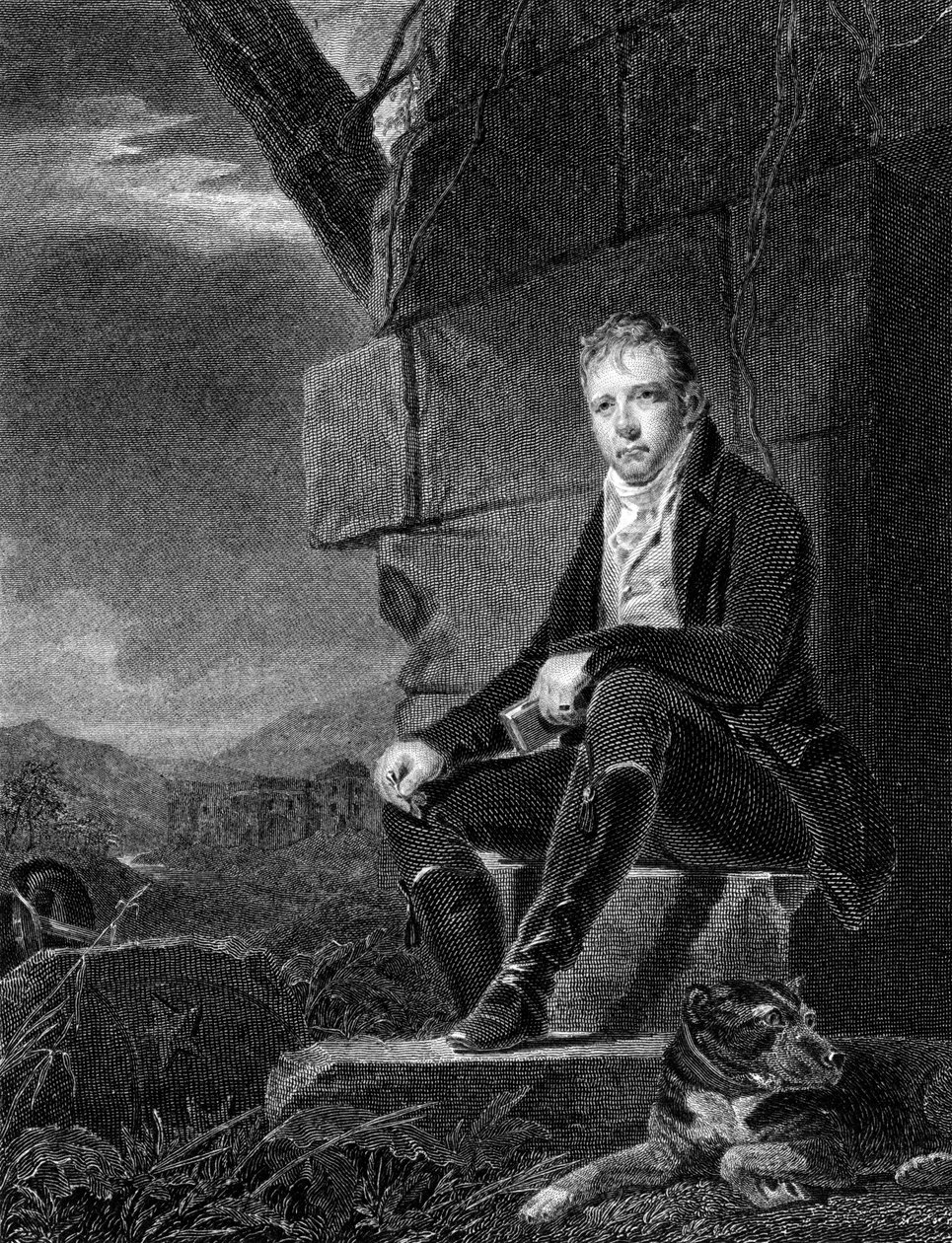 Walter Scott, skotsk poet och romanförfattare, sittande på en sten, åtföljd av en hund, 1808 av John Horsburgh