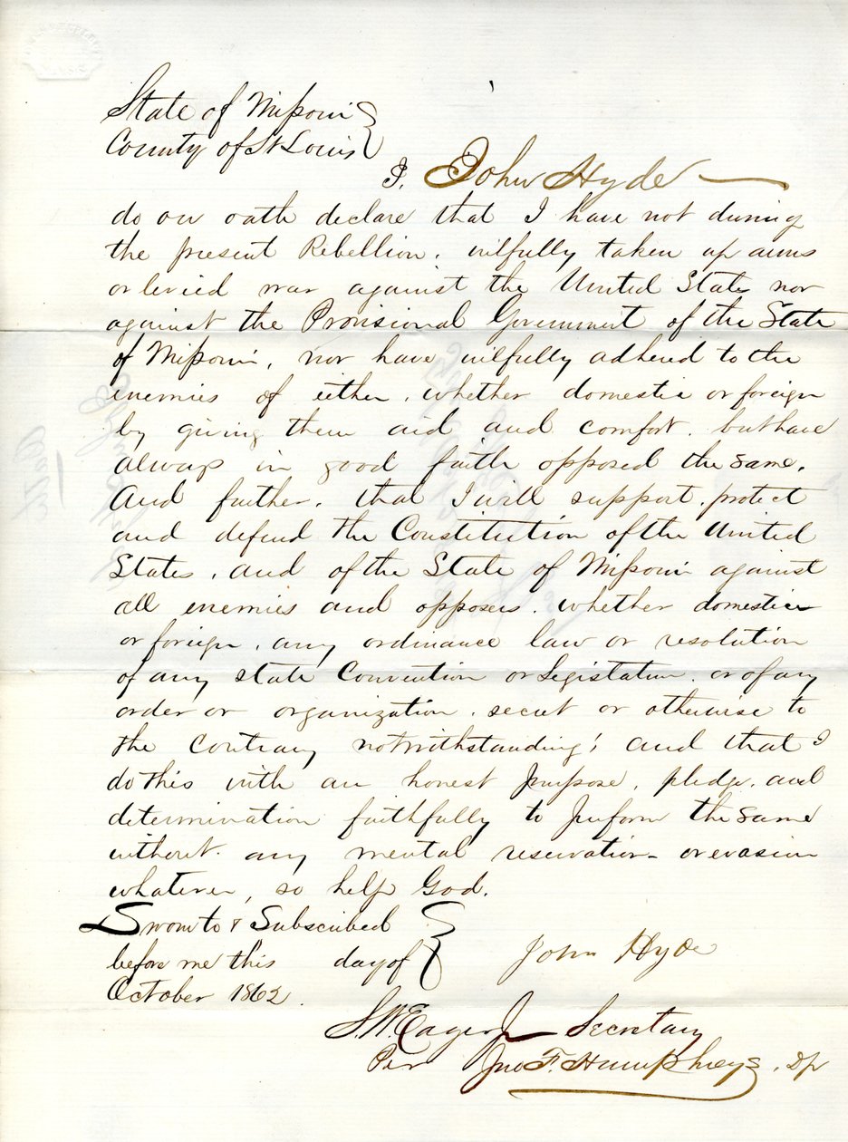 Loyalty oath of John Hyde of Missouri, County of St.Louis av John Hyde