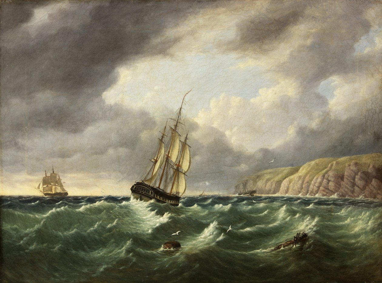 Havslandskap, med två skepp och klippor av John I. Harvey