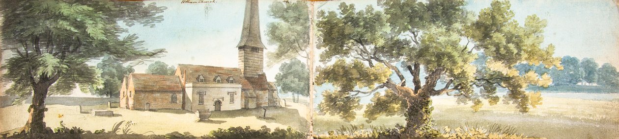 Gamla Eltham-kyrkan och en ek, Kent (akvarell) av John Inigo Richards