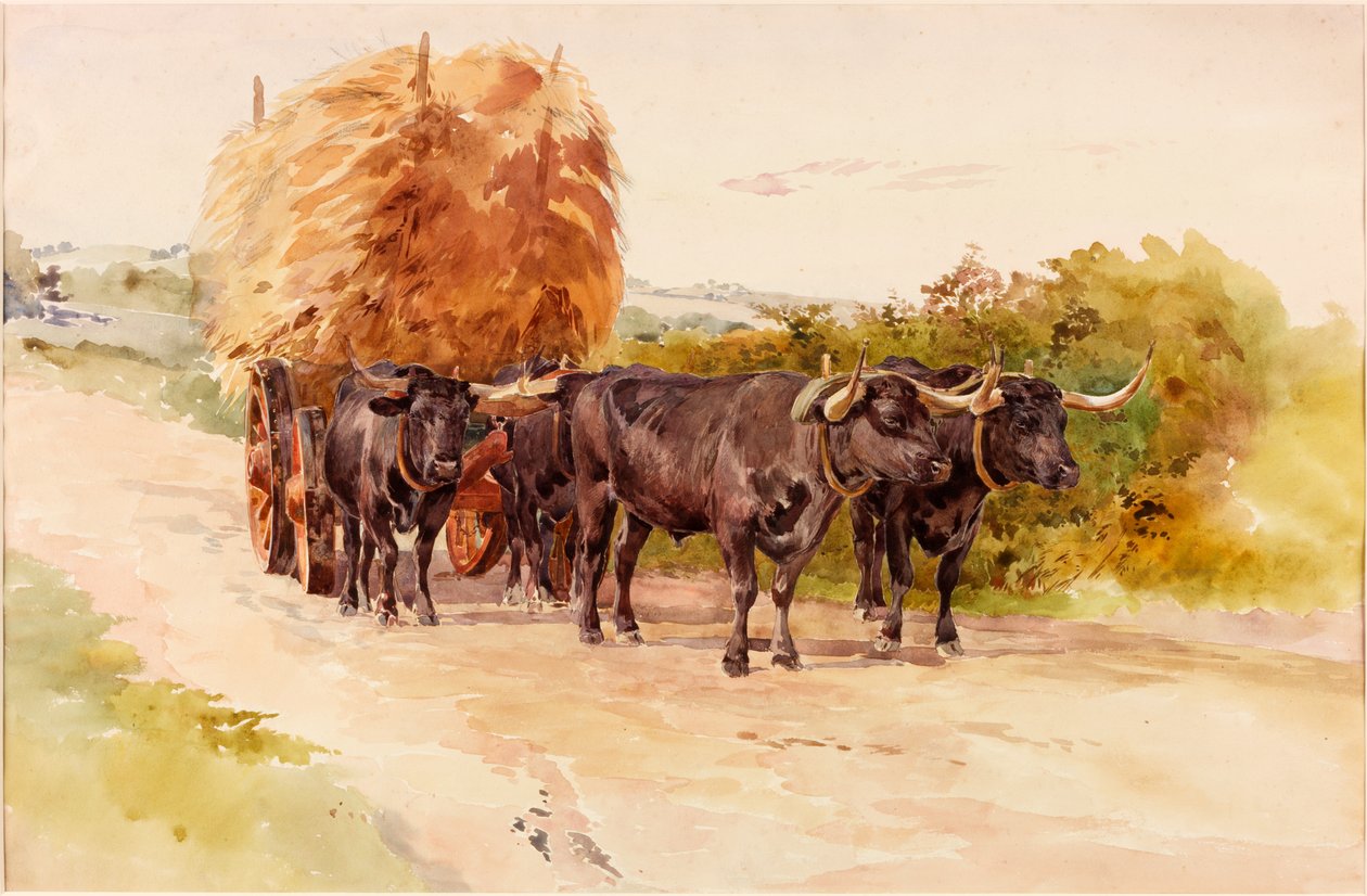 Landskap med oxar som drar en hökärra (bc och wc på papper, på kort) av John Isaac Richardson