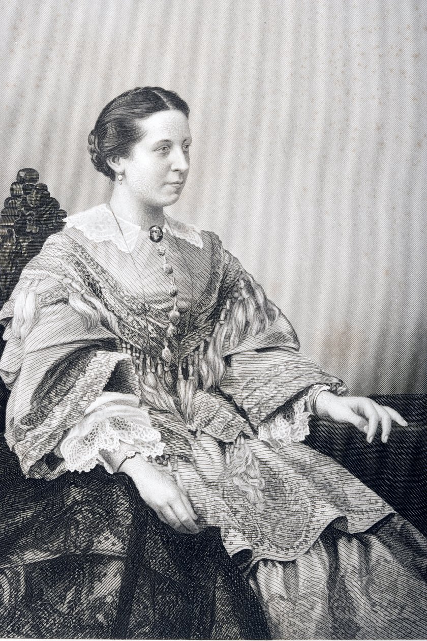 Clara Novello (1818-1908) graverad av D.J. Pound från ett fotografi, från "The Drawing-Room of Eminent Personages, Volume 2", utgiven i London 1860. av John Jabez Edwin Paisley Mayall