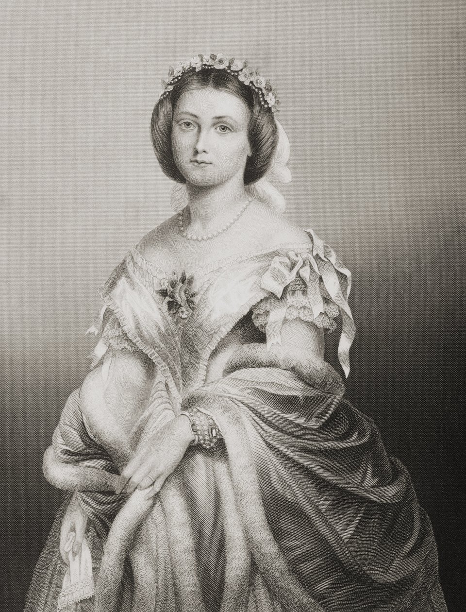 H.K.H. Prinsessan Victoria Adelaide Maria Louisa (1840-1901), prinsessan Royal av England, graverad av D.J. Pound efter ett fotografi, från "The Drawing-Room of Eminent Personages, Volume 2", publicerad i Lo av John Jabez Edwin Paisley Mayall
