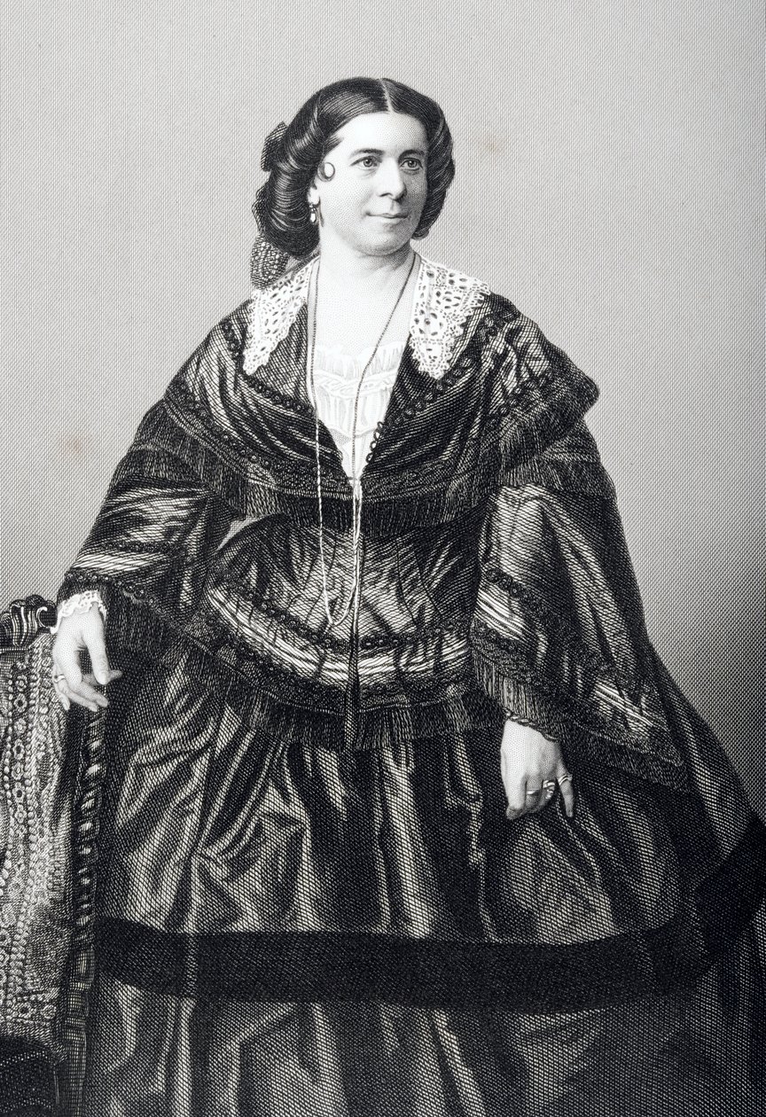 Madame Anna Bishop (1810-84) graverad av D.J. Pound efter ett fotografi, från "The Drawing-Room of Eminent Personages, Volume 2", utgiven i London 1860. av John Jabez Edwin Paisley Mayall