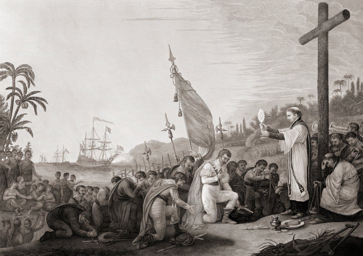 Columbus landar i den nya världen (gravyr) av John James (after) Barralet