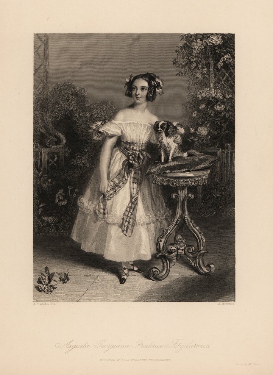 Augusta Georgina Frederica Fitzclarence, datter af Lord Frederic Fitzclarence, uægte søn af kong William IV. Hun bærer sit hår i ringlets og bånd, og bærer en off-the-shoulder kjole bundet med et skærf, holder en King Charles spaniel på en pude av John James (after) Chalon