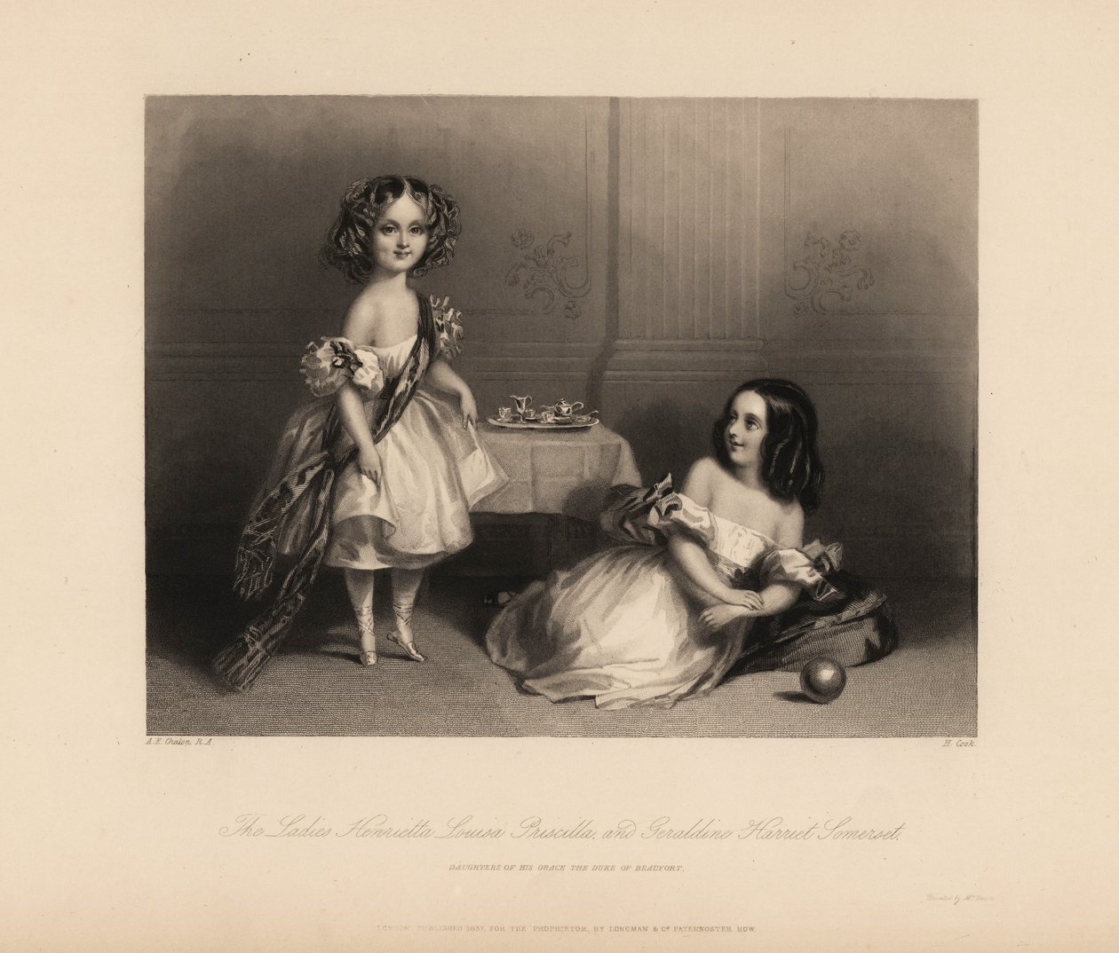 Henrietta Louisa Priscilla och Geraldine Harriet Somerset, döttrar till Henry Somerset, 7:e hertigen av Beaufort. Två tjejer i off-the-shoulder klänningar med band, hår i ringlets, leker med en leksak teservis och boll. Stålstick av H. Cook efter en ill av John James (after) Chalon