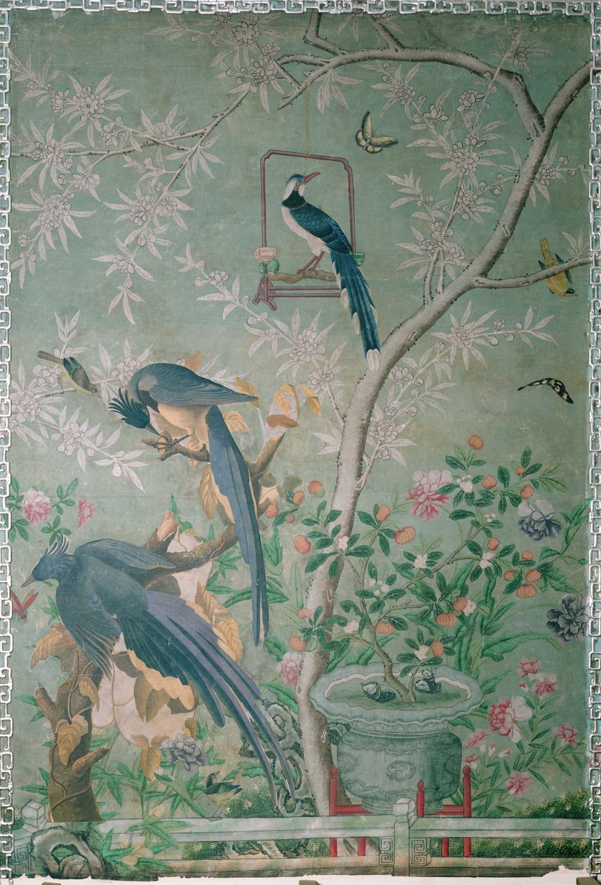 Ett par skatskrika, klippta från "The Birds of America" och klistrade på handmålad kinesisk tapet (collage) av John James Audubon