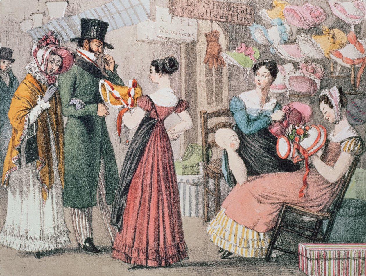 At the Milliners (La Marchande de Modes), trykt af Charles Joseph Hullmandel (1789-1850), pub. af Rodwell og Martin, 1822 swed av John James Chalon