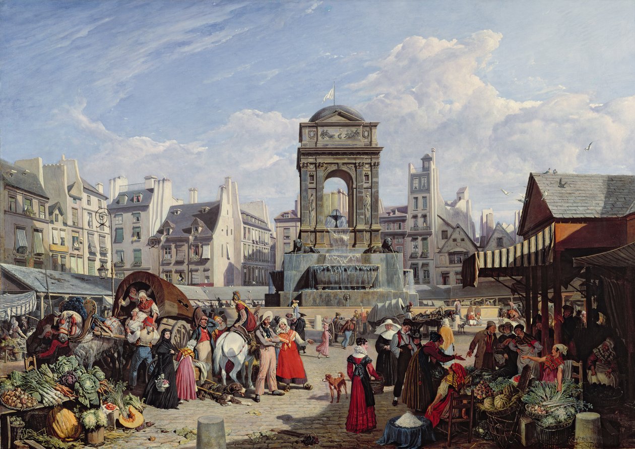 De oskyldigas marknad och källa, Paris, 1823 av John James Chalon