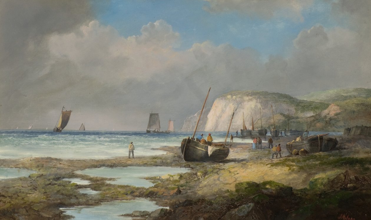 Havslandskap med fiskebåtar av John James Wilson