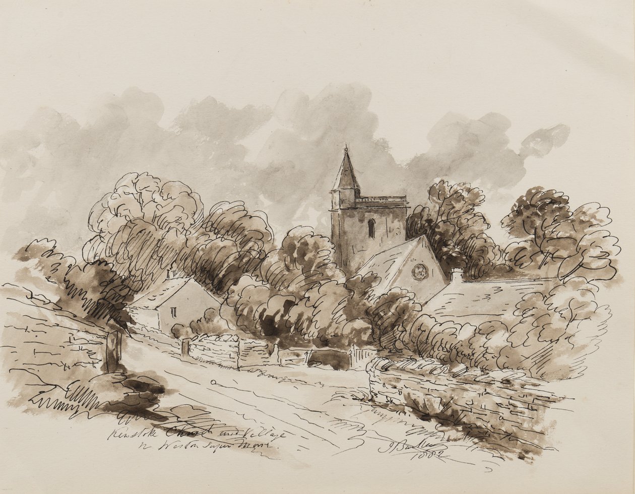 Kewstoke Church and Village, Weston Super Mare, Somerset, 1882 (penna, pensel och bläck på papper) av John Joseph Barker