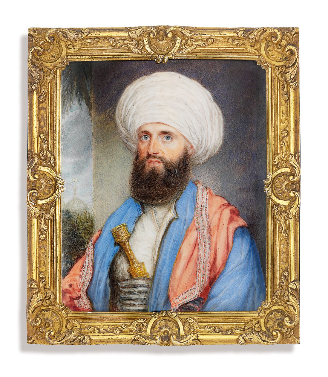 James Silk Buckingham (1786-1855), i vit skjorta med en ljusblå kappa, rosa broderad sjal runt axlarna och en vit turban med en dolk infäst i hans cummerbund, landskapsbakgrund med en moské av John Jukes