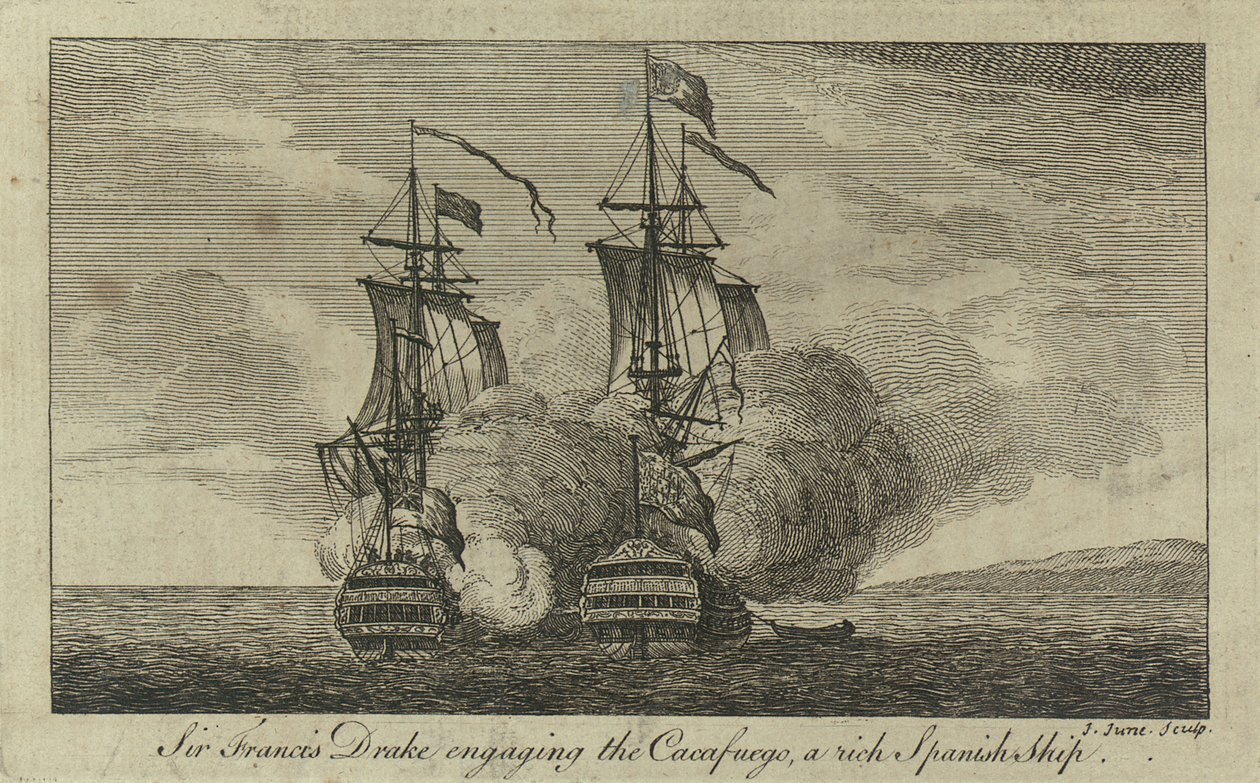 Sir Francis Drake i kontakt med "Cacafuego", ett rikt spanskt fartyg av John June