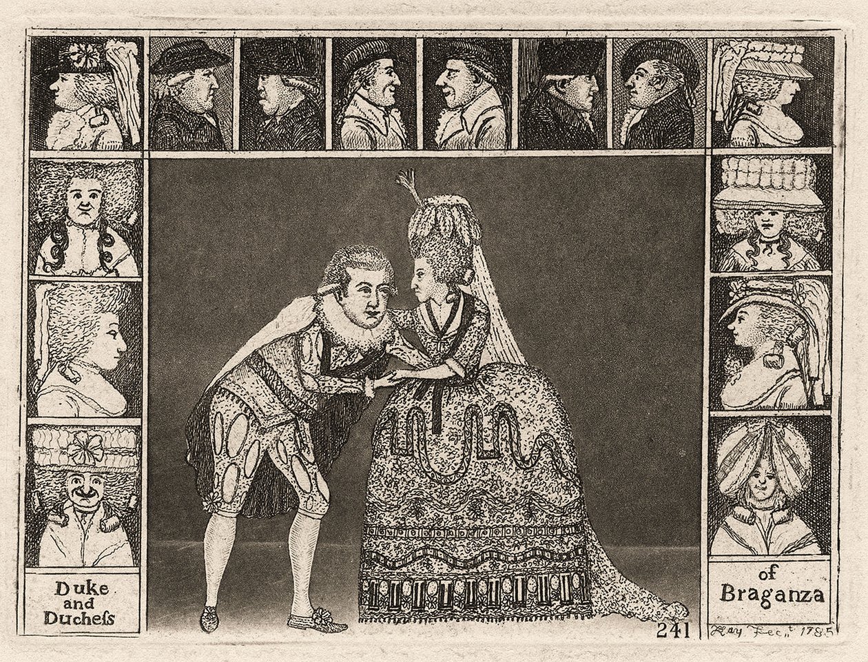 Mary Ann Yates och Laurence Clinch spelar hertigen och hertiginnan av Braganza i Braganza omgiven av publiken. 1785 av John Kay