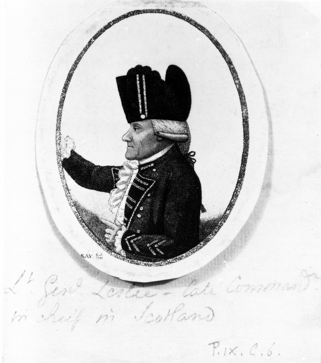Hon. Alexander Leslie (nionde fotregementet), illustration från "Kays Portraits", 1789 av John Kay