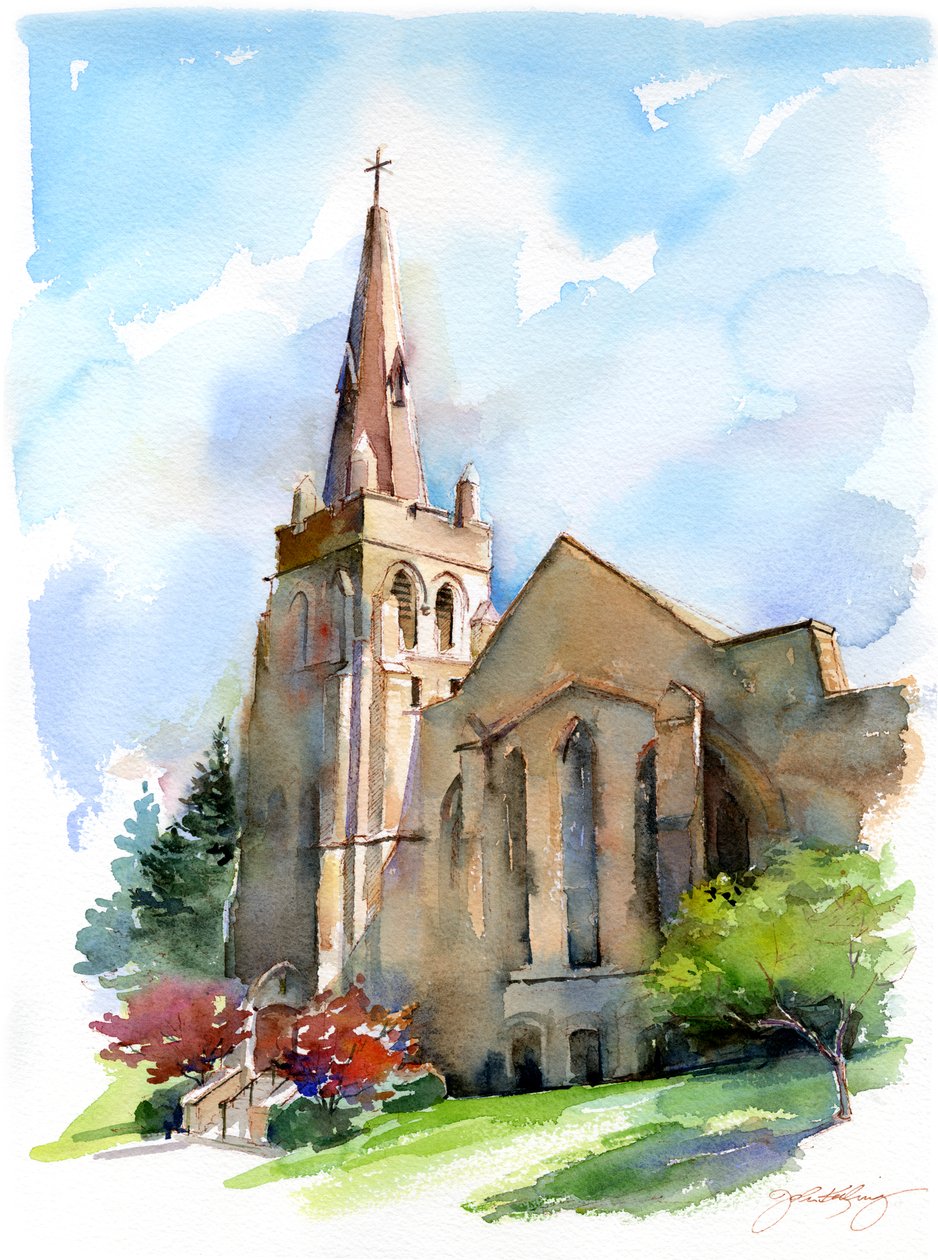 Kyrka med torn, 2016, (akvarell) av John Keeling