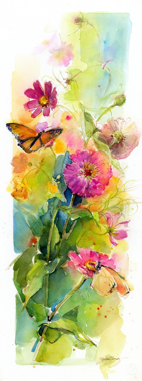 Zinnias och fjärilar, 2015, (akvarell) av John Keeling