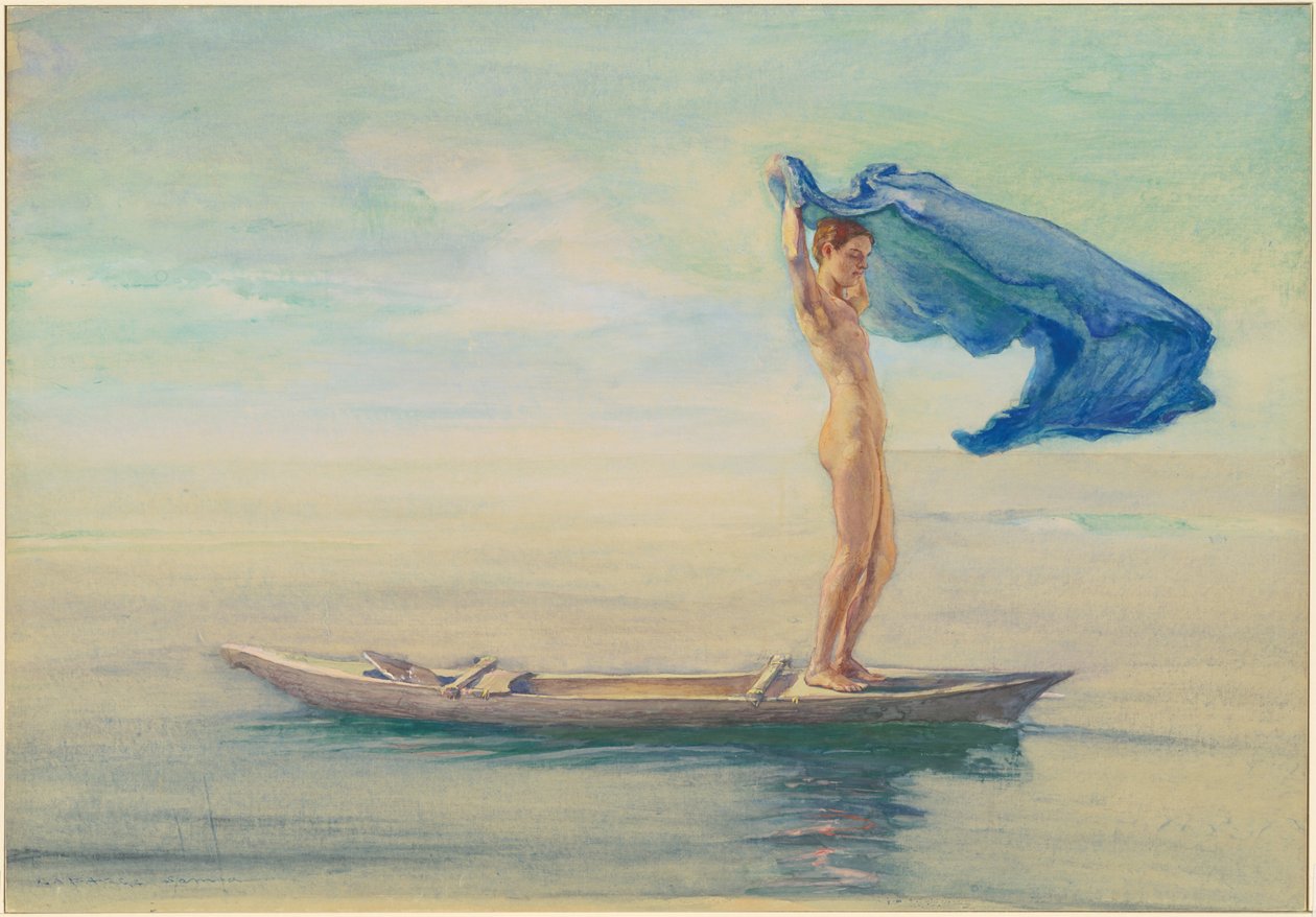 Flicka i kanotbåge som breder ut sin ländduk för ett segel, Samoa av John La Farge