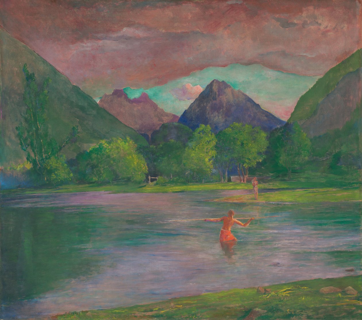 Ingången till Tautirafloden, Tahiti. Fisherman Spearing a Fish, ca. 1895. av John La Farge