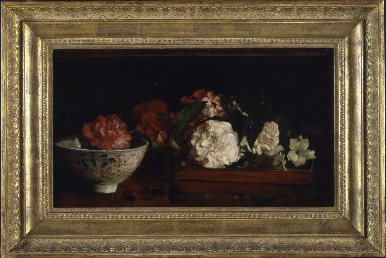 Blommor i japansk bricka på mahognybord (olja på panel) av John La Farge or Lafarge