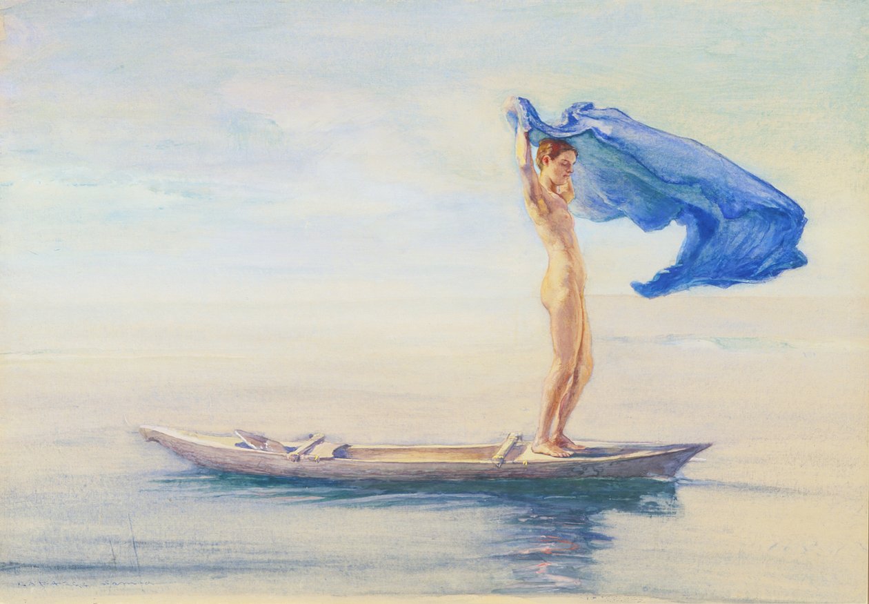 Flicka i kanotbåge breder ut sin ländduk för ett segel, Samoa, ca 1895-96 (wc och gouache ombord) av John La Farge or Lafarge