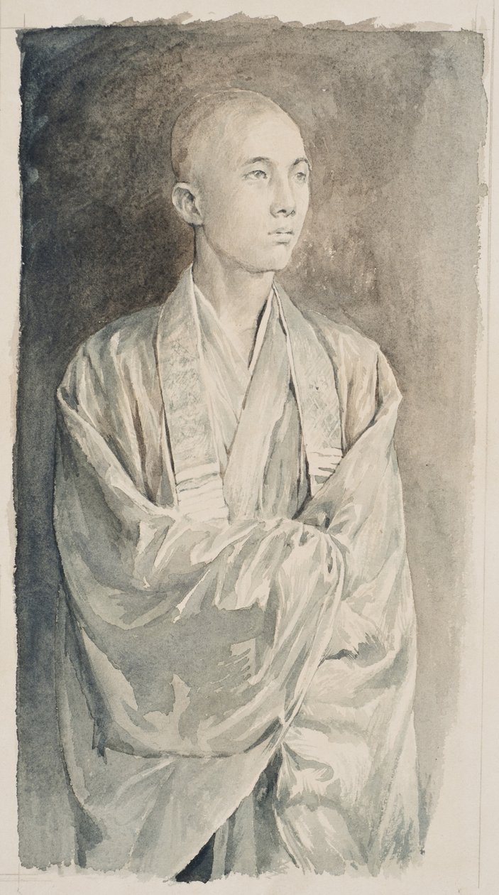 Porträtt av en präst vid Temple of Lyemitsu, Nikko, ca 1888 (sepiatvätt på papper) av John La Farge or Lafarge