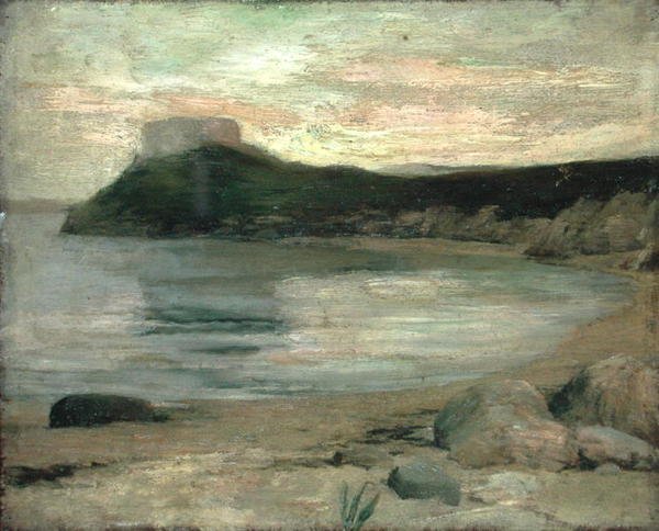 Studie av kvällsljus, Fort Dumpling, Newport Harbor (olja på duk) av John La Farge or Lafarge
