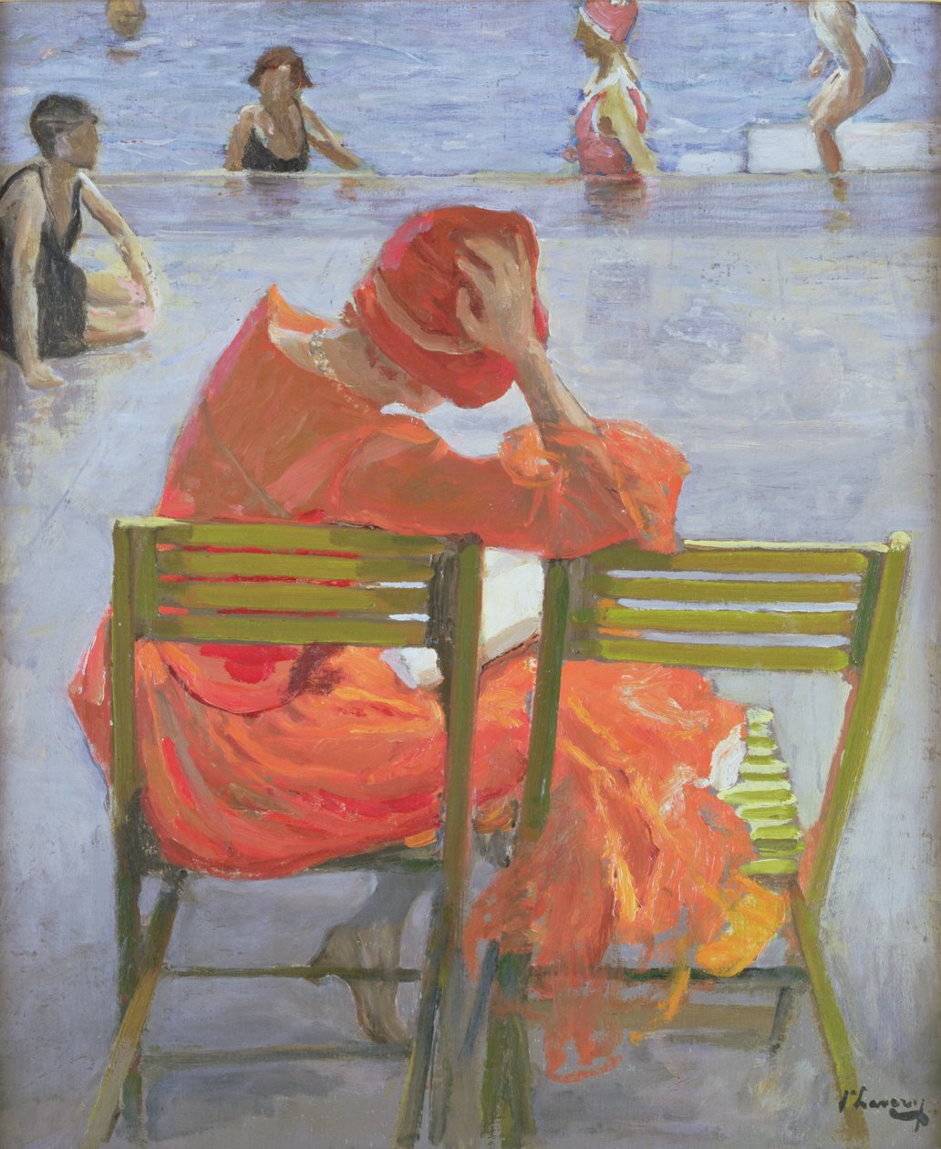 Flicka i en röd klänning som läser vid en pool av John Lavery