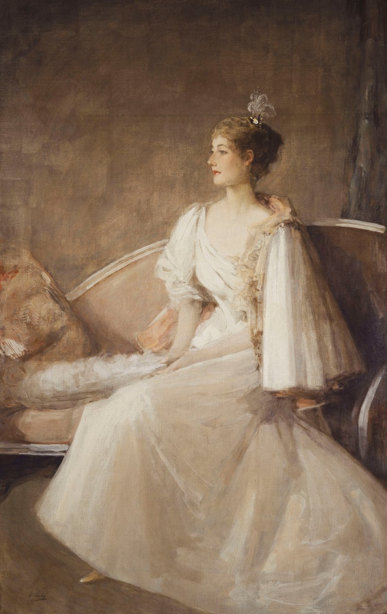 Porträtt av en dam som sitter på en soffa, ca 1900 (olja på duk) av John Lavery