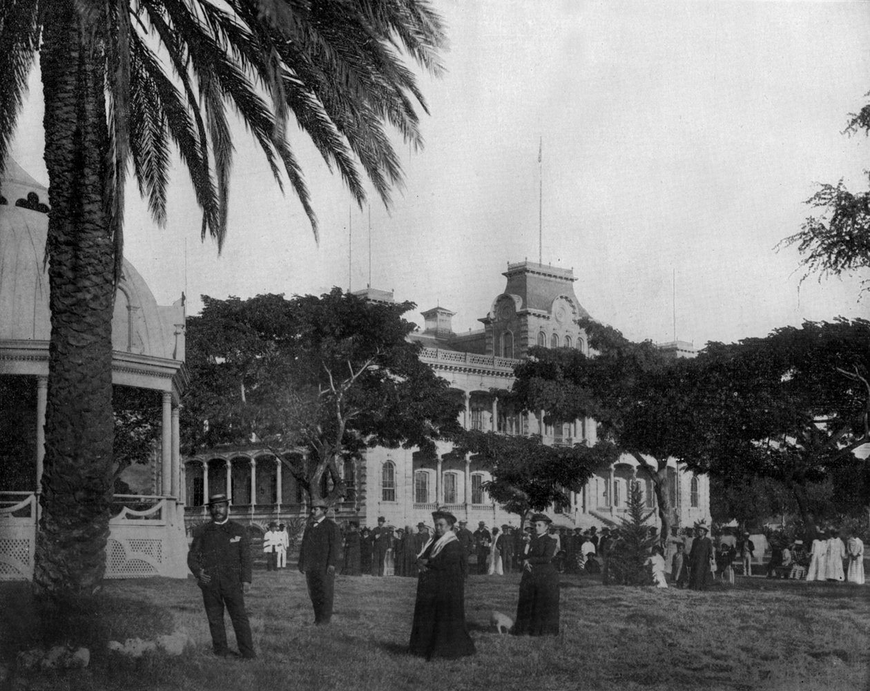 Det kungliga palatset i Honolulu på Sandwichöarna foto av John Lawson Stoddard (1850 1931) Resenär och konferensdeltagare Utbildningspublikation för -Chicago (s/v foto) av John Lawson Stoddard