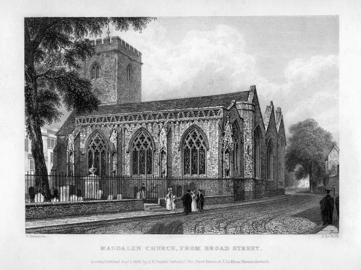 Magdalen Church, från Broad Street, Oxford, 1833. av John Le Keux