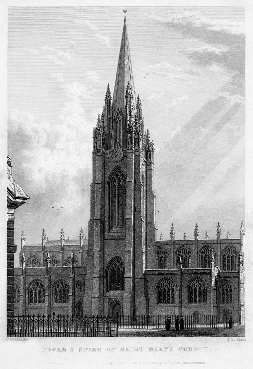 Tornet och spiran av Saint Marys Church, Oxford, 1833. av John Le Keux