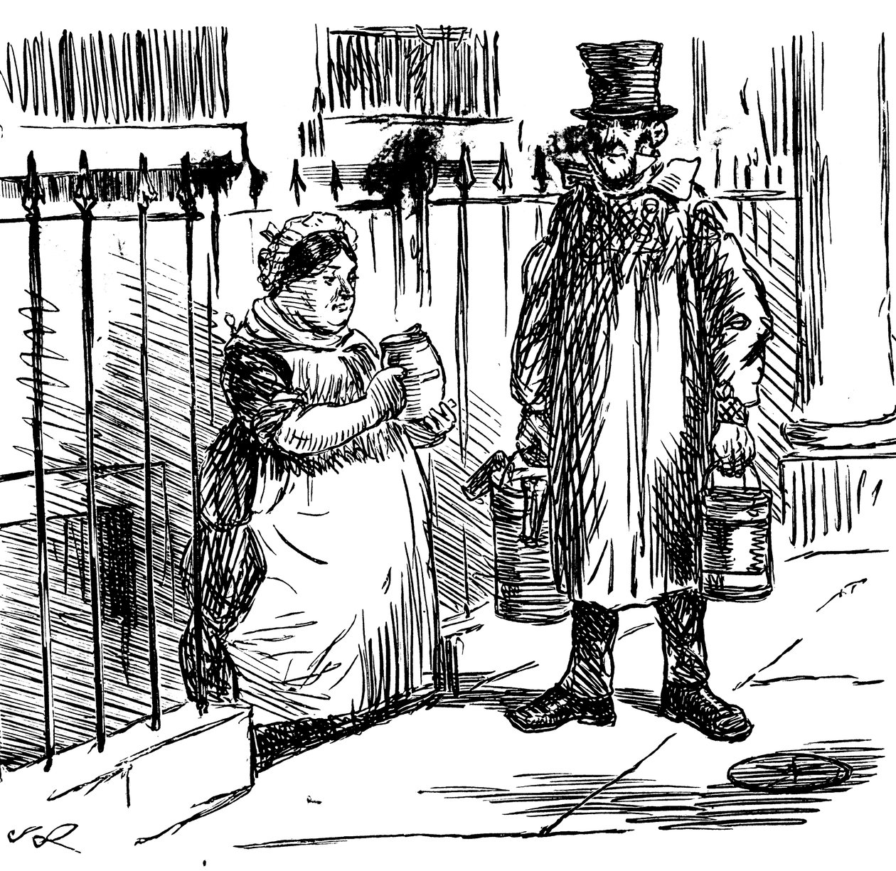 En tecknad serie som kommenterade att urvattningen av mjölk nådde sådana proportioner att det måste införas lagstiftning för att kontrollera det. Illustrerad av John Leech (1817-1864), en engelsk karikatyrtecknare och illustratör av John Leech