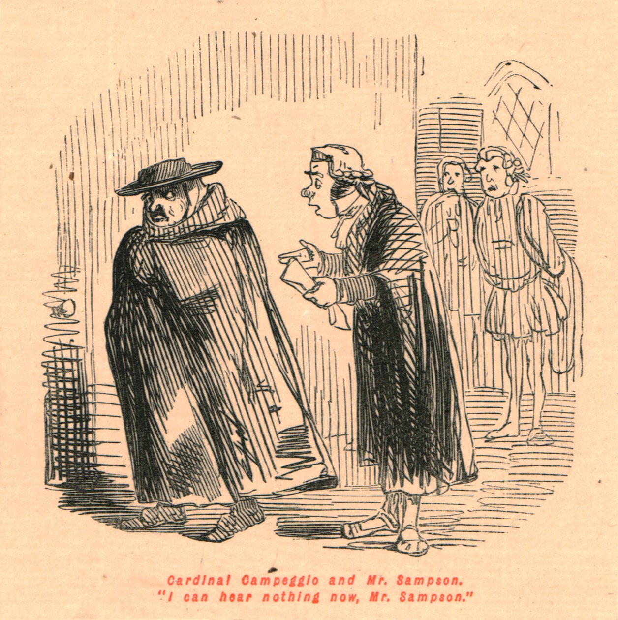 Kardinal Campeggio och Mr. Sampson. Jag hör ingenting nu, Mr. Sampson., 1897. av John Leech